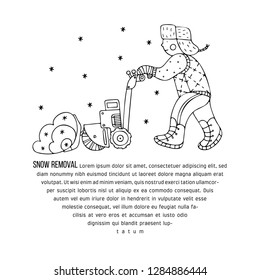 A man clearing the snow with an electric shovel with a sweeper. Fine for ice and snow removal services promotion, articles abot de-icing equipment and snow clearing work.