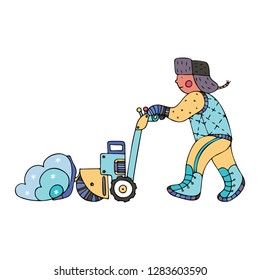A man clearing the snow with an electrical shover. Fine for ice and snow removal services promotion, articles abot de-icing equipment and snow clearing work.