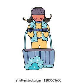 A man clearing the snow with a pusher. Fine for ice and snow removal services promotion, articles abot de-icing equipment and snow clearing work.