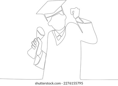 A man clenched his fist while holding a certificate. Graduation one-line drawing