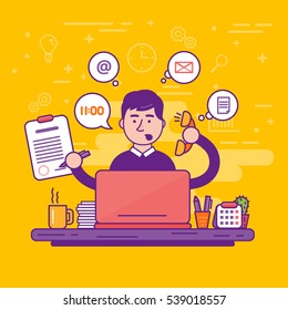 Man Clerk Or Male Personal Assistant Vector Illustration. Young Office Manager Or Businessman Multi-tasking. Business Or Company Worker.