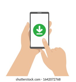 Man click download button on smartphone screen. Vector illustration.