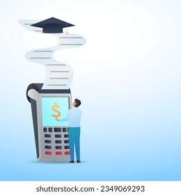 Man click on payment device and graduation cap on the top of the bills metaphor of expensive education.