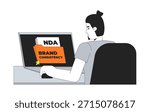Man clicking brand consistency folder on desktop laptop 2D cartoon character. Caucasian male marketing specialist viewing NDA file flat vector person isolated on white. Spot illustration colorful