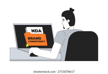 Hombre haciendo clic en la carpeta de consistencia de la marca en el personaje de dibujos animados 2D de la computadora portátil de escritorio. Especialista de marketing masculino caucásico que ve la persona de Vector plano de archivo NDA aislada en blanco. Ilustración de punto colorido