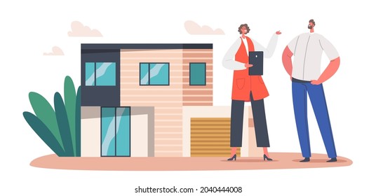 Man Client Choose Home for Mortgage, Rent or Buying, Real Estate Property Concept. Realtor Selling House to Male Character Explain Cottage Features and Deal Options. Cartoon People Vector Illustration