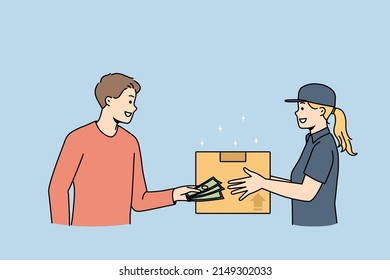 Man client pay cash to female courier delivering package by post. Male customer receive postal parcel order online from postman. Express delivery and shipping concept. Vector illustration. 