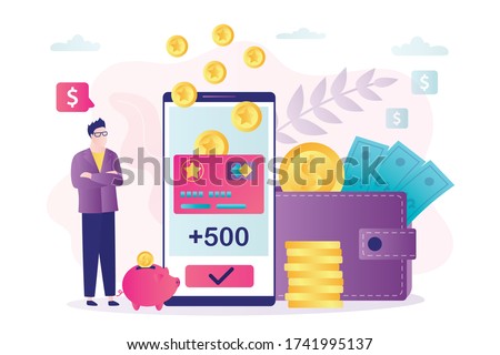 Man client received new bonuses on virtual card. Loyalty program, cashback and earn points. Reward program, bonus card and male character in trendy style. Wallet full of money.Flat vector illustration