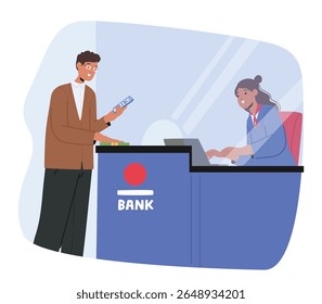 Man client visiting bank using mobile application having talk with woman cashier to get high quality services and consultation cartoon scene. Financial credit or deposit opening vector illustration