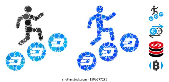 Man climb Dash coins composition of small circles in various sizes and color tinges, based on man climb Dash coins icon. Vector small circles are united into blue composition.