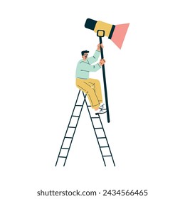 Man Climb Ladder Hold Spotlight Lamp Equipment Vector Illustration