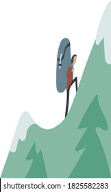 man climb mountain with a large backpack. simple design with space for text. vector flat illustration