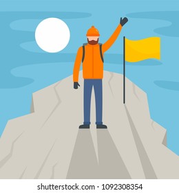 Man climb the mountain peak background. Flat illustration of man climb the mountain peak vector background for web design