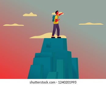 The man climbed onto the rock and is happy to hold his backpack.