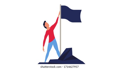 Man climbed to the top mountain with flag flat illustration achievement concept. Business goal leadership career winner. Climb growth employee motivation vision. Up hill direction challenge peak