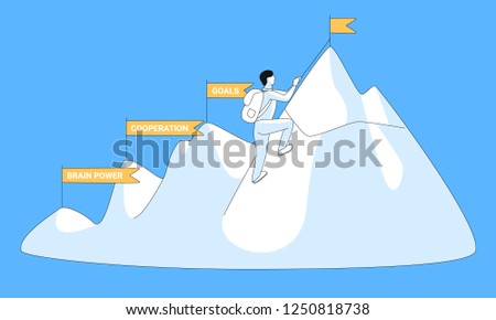 The man climbed to the top of a mountain and puts a flag. Overcoming challenges and passing stages concept. Steps to success. Business goal achieve vector illustration for web and printing.