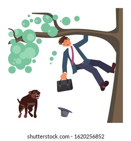 Man climbed a tree fleeing from attack huge aggressive mongrel dog. Bad luck and stressful situations concept. Flat Art Vector illustration