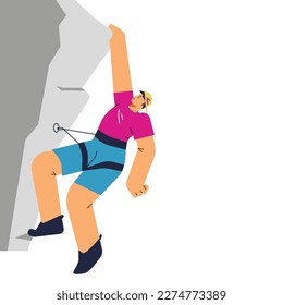 Man climber climbing the edge of cliff, flat cartoon vector illustration isolated on white background. Man engaging with mountaineering or rock climbing.