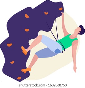 Man climber train bouldering in gym, concept and vector illustration, isolated on white background. Male character and hobbies for self improvement, best hobby for people. cartoon style.