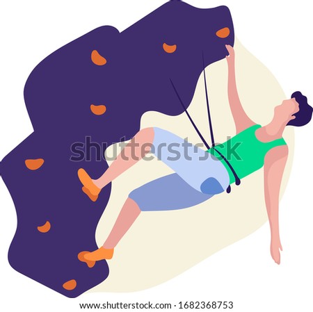 Man climber train bouldering in gym, concept and vector illustration, isolated on white background. Male character and hobbies for self improvement, best hobby for people. cartoon style.