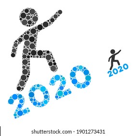 Composición masculina de escalada 2020 de círculos llenos en tamaños variables y tonos de color. Los círculos de vectores se unen en la composición de la escalada humana 2020.