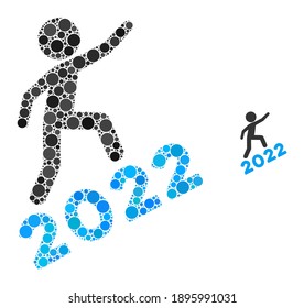 Man climbing 2022 mosaic of circle elements in various sizes and color tinges. Vector circle elements are combined into man climbing 2022 illustration.