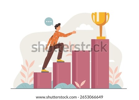 A man climbing ascending bar chart steps reaching for a golden trophy, flat design style, with abstract landscape background. Concept of goal achievement. Vector illustration