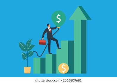 Man climbing bar chart with dollar sign balloon. Represents financial success, investment, startup, innovation, strategy, economic development. Ideas for presentations, reports, websites, social media