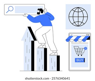 Man climbing bar graph with search bar, globe icon, and mobile shopping cart. Ideal for business growth, online marketing, e-commerce, global reach, digital strategies. Modern, minimalistic, vector