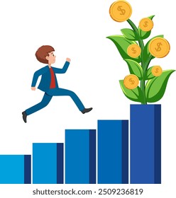 Man climbing bar graph towards money plant