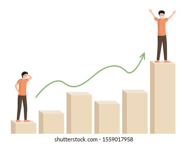 Man climbing bar graph vector illustration. Male character at beginning and at top of career ladder. Businessman motivation, self growth, personal improvement, business strategy, success