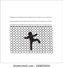 man climbing the barbed wire fence , vector illustration.