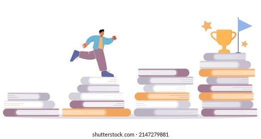 Man climbing up the book stairs with trophy cup and flag on top. Education knowledge and learning via reading. Character studying, self development and goal achievement Linear flat vector illustration