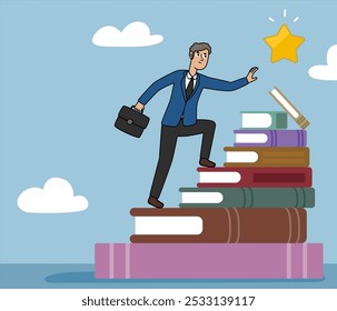 Hombre escalando libros para alcanzar una estrella, hombre de negocios que alcanza una meta, hombre de negocios sabio