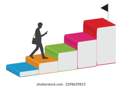 man climbing book's stairs, education concept 
