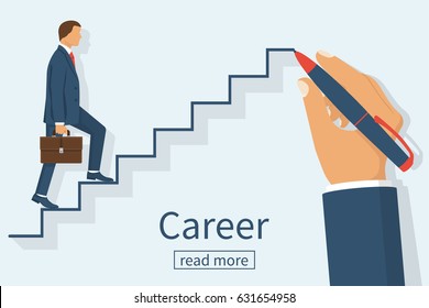 Man is climbing career ladder. Human hand drawing stairs close up. Concept of business development. Vector illustration flat design. Isolated on white background. Step by step.