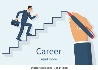 Man Is Climbing Career Ladder. Human Hand Drawing Stairs Close Up. Concept Of Business Development. Vector Illustration Flat Design. Isolated On White Background. Step By Step.
