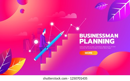Man is climbing career ladder with pencil for planning. Concept of business development. Vector illustration flat design. Step by step.