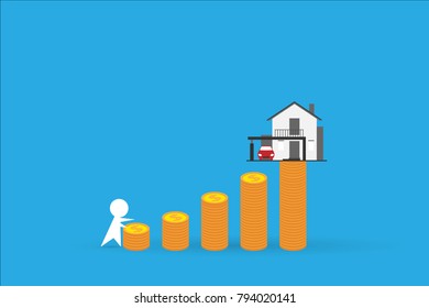 man climbing coins stack with home, real estate and business concept