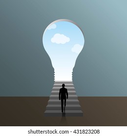 man climbing to door in form light bulb. Great bright idea for success.