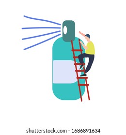Man climbing a giant spray sanitizer. Vector illustration in abstract flat style. Antiseptic advertisement template. Hygiene during infection outbreak concept. Covid-19 awareness concept