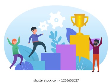 Man climbing up to golden cup by stairs. Career growth, success, goal achievement. Poster for web page, banner, presentation, social media. Flat design vector illustration