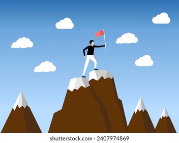 Ein Mann, der auf Hügel klettert und die Flagge auf dem Gipfel ergreift