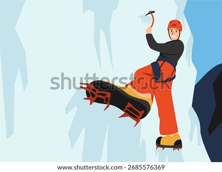 man climbing an ice cliff alone