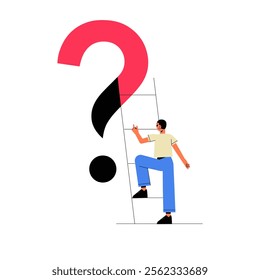 Man Climbing Ladder Beside Red Question Mark In Flat Vector Illustration Symbolizing Ambition, Challenges, And Goal Achievement, Isolated On White Background.