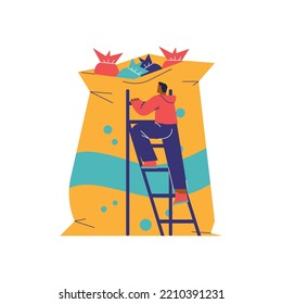 Man Climbing Ladder To Candy Package, Flat Vector Illustration Isolated On White Background. Concept Of Unhealthy Snacks And Sugar Addiction.