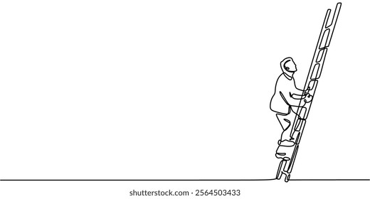 A man climbing with ladder in continuous line drawing. Symbolizing progress, ambition, and overcoming obstacles on the path to success. Vector illustration hand drawn.