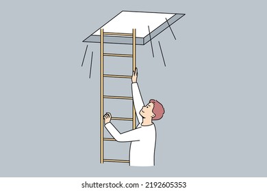 Man climbing up ladder to light. Smiling motivated male go up open new opportunities or perspectives. Bright future ahead. Vector illustration. 