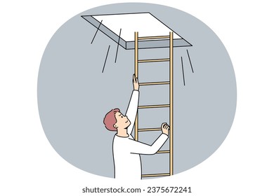 Man climbing up ladder to light. Smiling motivated male go up open new opportunities or perspectives. Bright future ahead. Vector illustration.