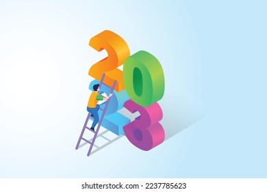 a man climbing the ladder on 2023. isometric vector illustration of 2023.